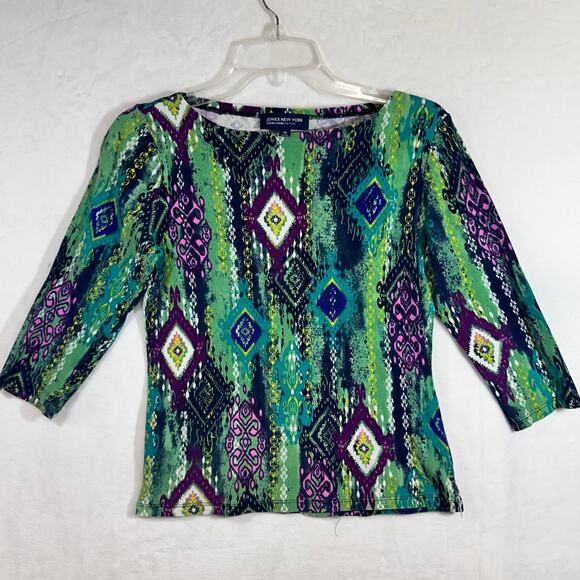 Jones New York Signature Petite M Funky Printed 3/4 Top Green Purple Stretchy‎ - Picture 1 of 11